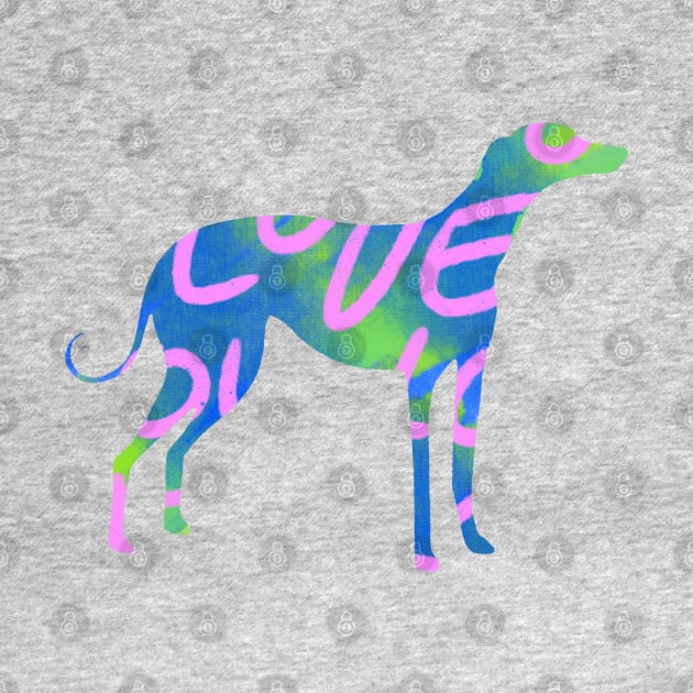 Blue and green with light pink love letters Greyhound dog by iulistration